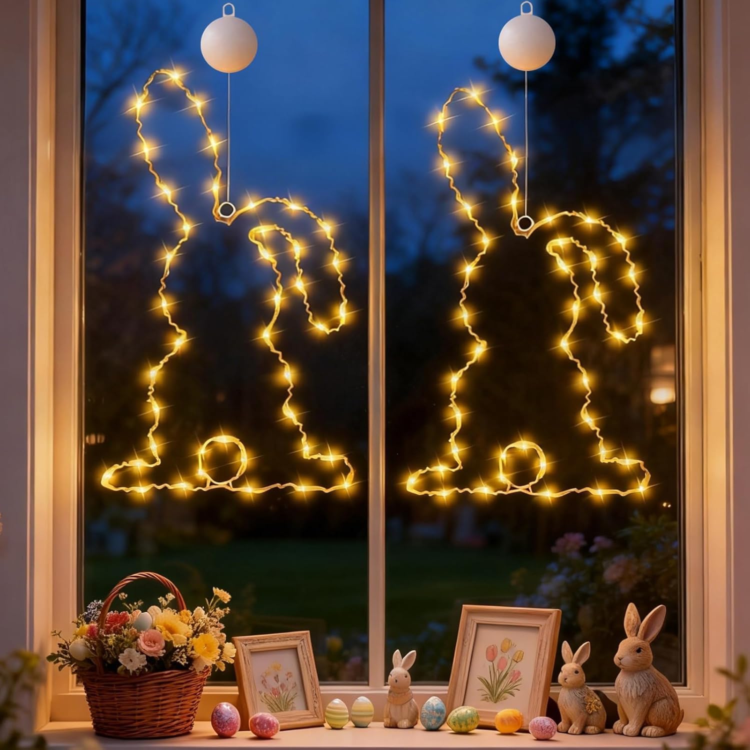 Pipihome 2 Stück Osterdeko Led Fenster Licht, Lichterkette Ostern Fensterbeleuchtung mit Timer Batterieantrieb, Frühlingsdeko & Ostern Deko zum Aufhängen für Fenster Deko Innen Draußen Garten
