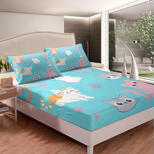 Miniatura 2 de Erosebridal Lindo juego de ropa de cama de gatos Kawaii de tamaño individual, sábanas para niños y niñas, juego de sábanas de gatos de dibujos
