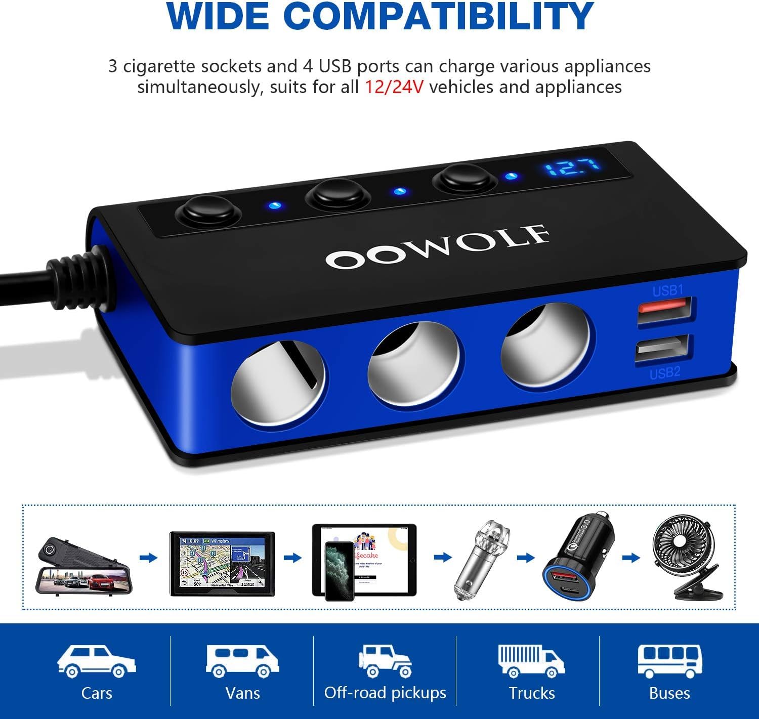 OOWOLF Caricatore Auto QC 3.0 180W 12V/24V Accendisigari con 3 Prese 4 Porte Display LED