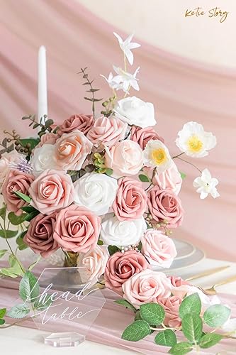 Miniatura 5 de KetieStory Flores artificiales, rosas falsas con tallos, 50 unidades, ramo de flores verdes, decoración del hogar, flores en jarrón, arreglos de