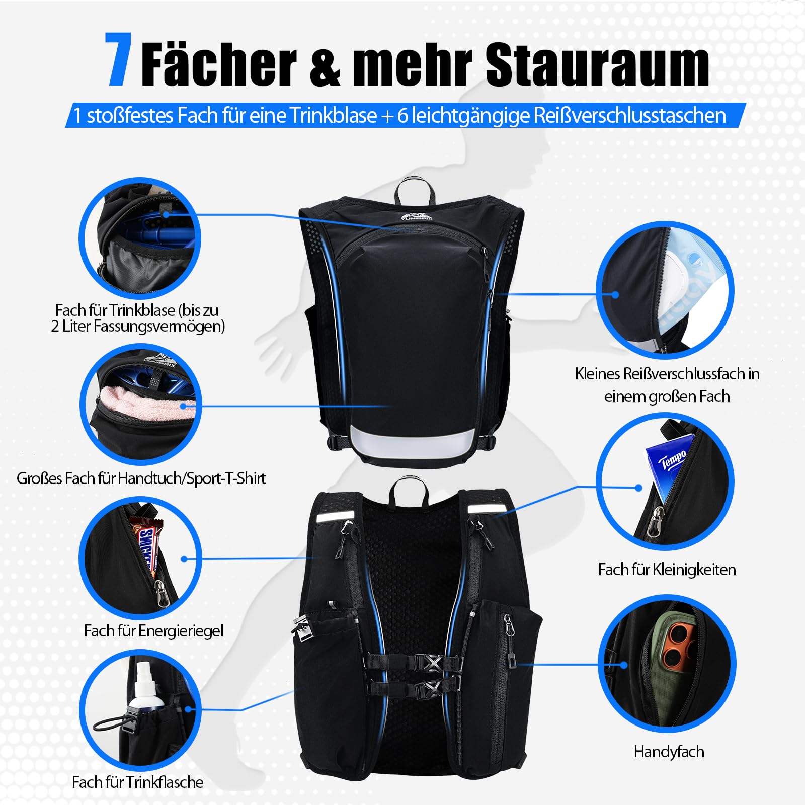 Laufweste für Damen und Herren, Trinkweste Laufen mit Trinkblase 2 L & Handytasche, Verstellbarer Brustgurt, mit reflektierenden Streifen für Trailrunning wandern Marathon Laufen joggen, Schwarz