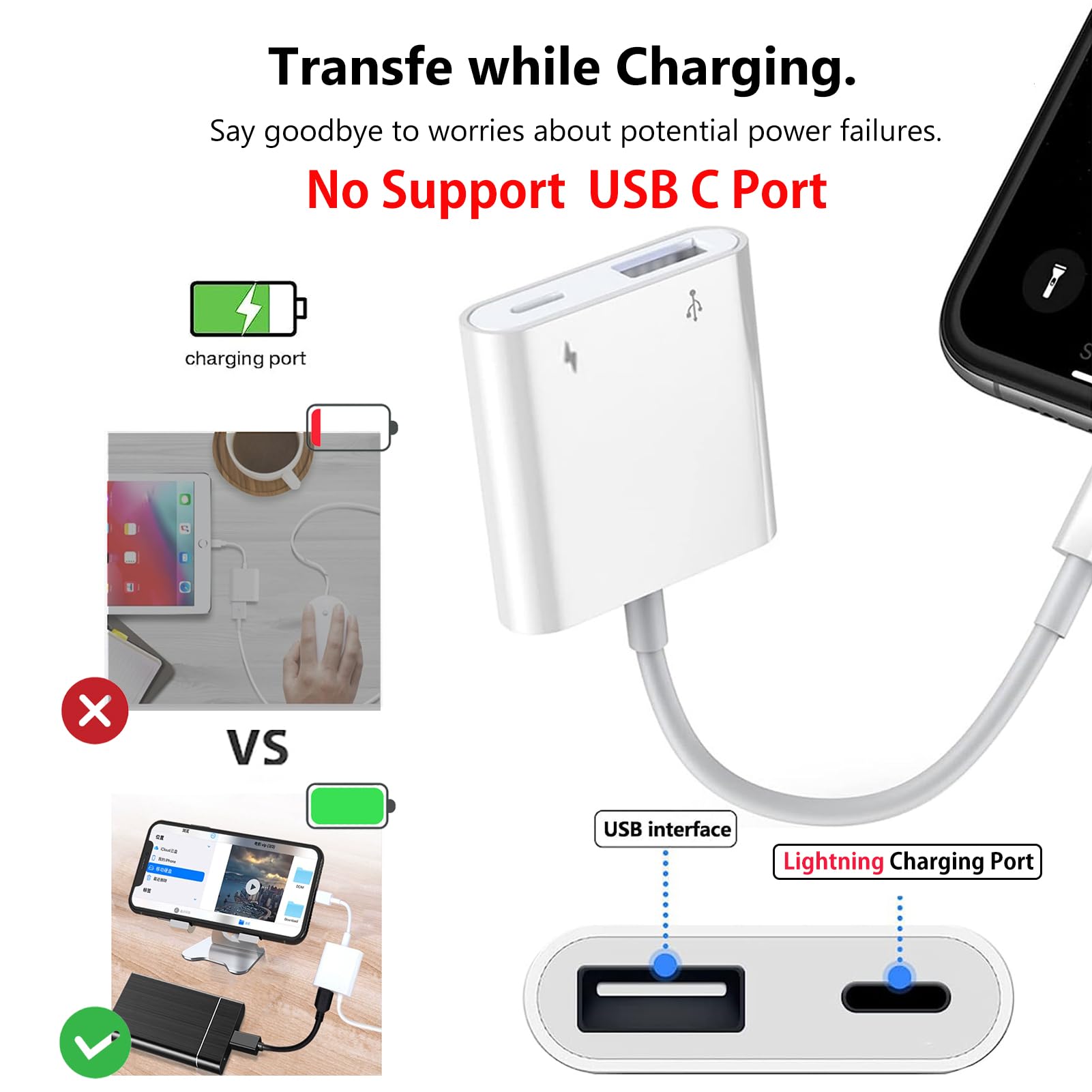 Lightning to USB Camera Adapter for iPhone with Lightning Charging Port USB 3.0 Female OTG Cable Keyboard Mouse No Support USB C, SSD