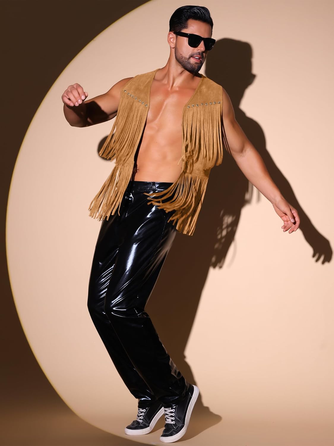 Lars Amadeus Fringe Vest for Men's Open Front Sleeveless Western 70s Suede Tassel Cardigan - Image 4