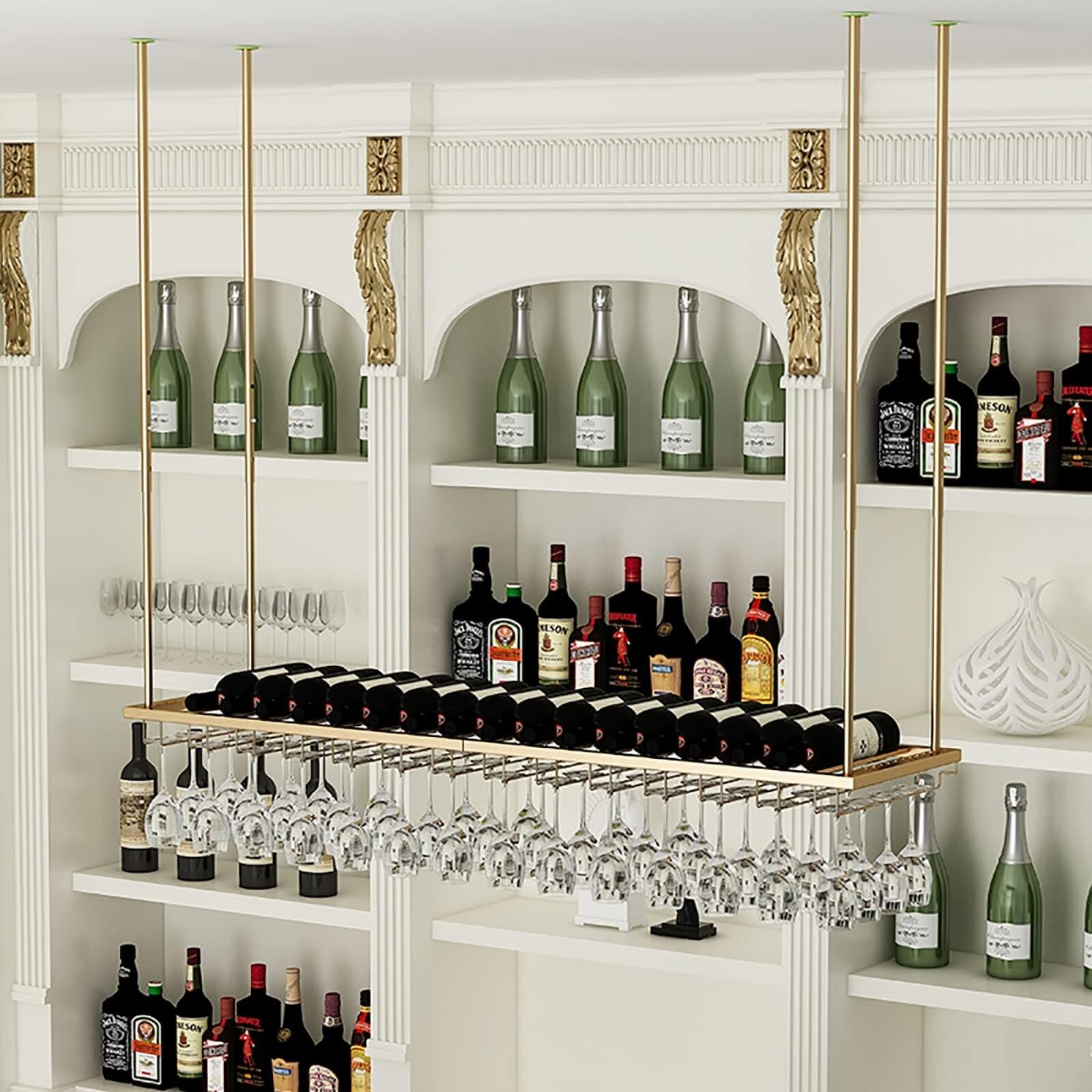 Porte-bouteilles de vin suspendu en fer réglable 120cm avec support gobelets