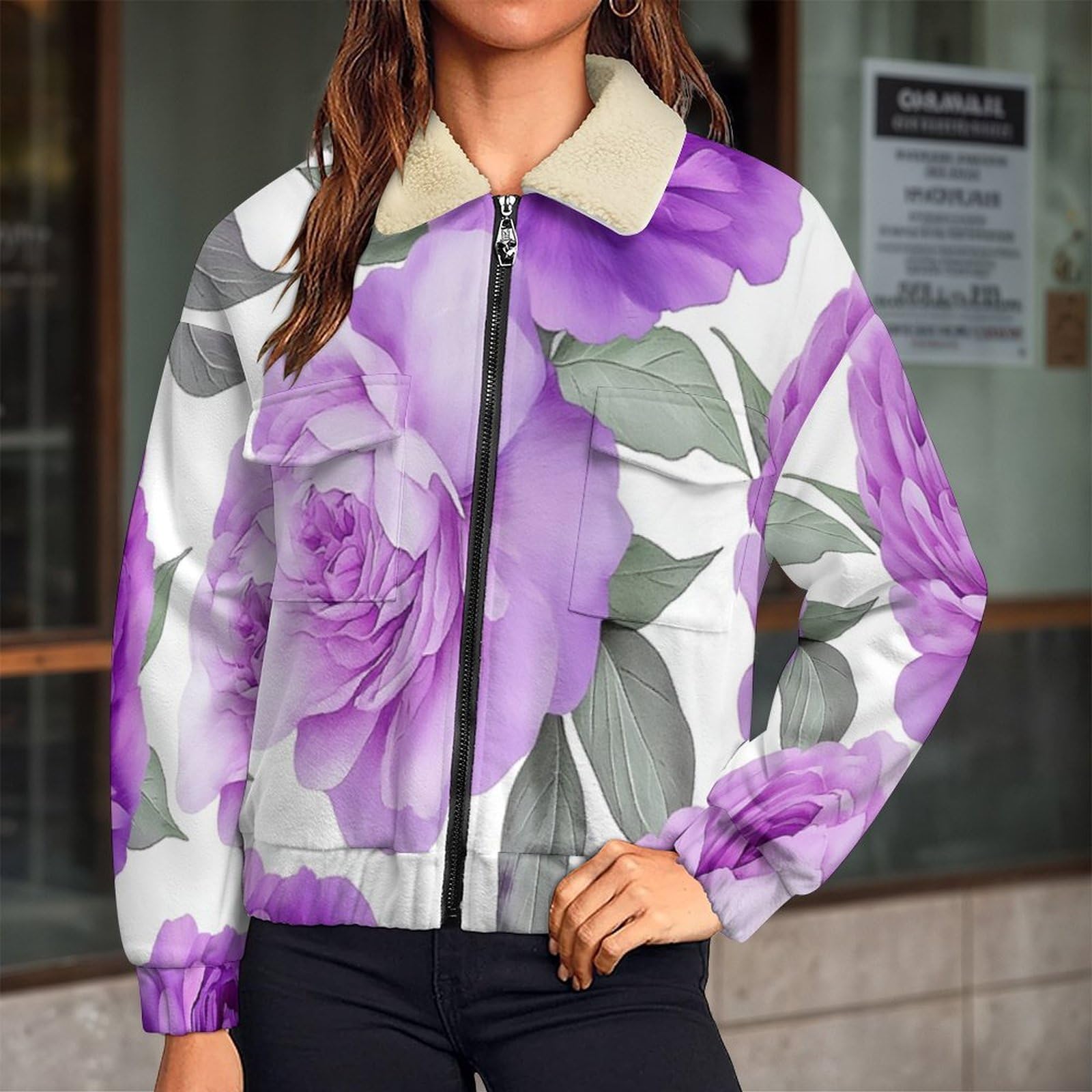 Giacca in Pile da Donna con Chiusura Lampo su Tutta la Lunghezza, Colletto Revers, Cappotto Peonia Rosa Calda Invernale con Tasche, per Escursioni e Tempo Libero