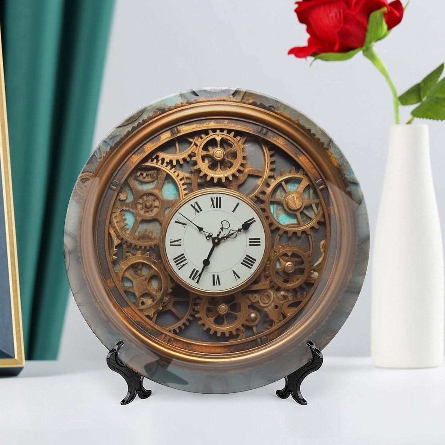 Rusty Steampunk Clock Decorative Plates Ceramic Decorative Plates for Display Bohemian Style Dinner Plate with Display Stand China Plate for Home Decoration 10inch