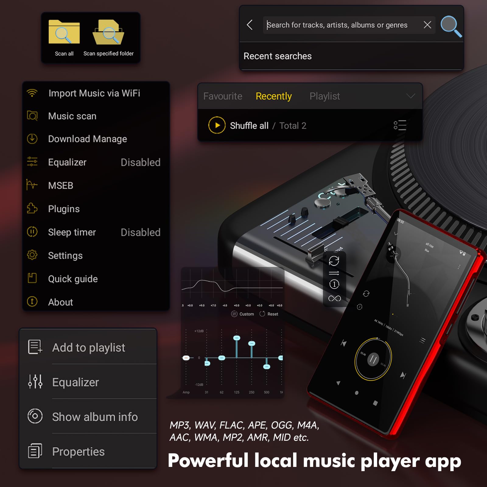 163GB Lettore MP3 con Bluetooth Spotify, Schermo Touch 4.5 Pollici, Lettore MP4 con WiFi, 2000mAh Stereo Portatile HiFi Altoparlanti, Amazon Music, Lettore Musicale Streaming Android per Bambini, FM