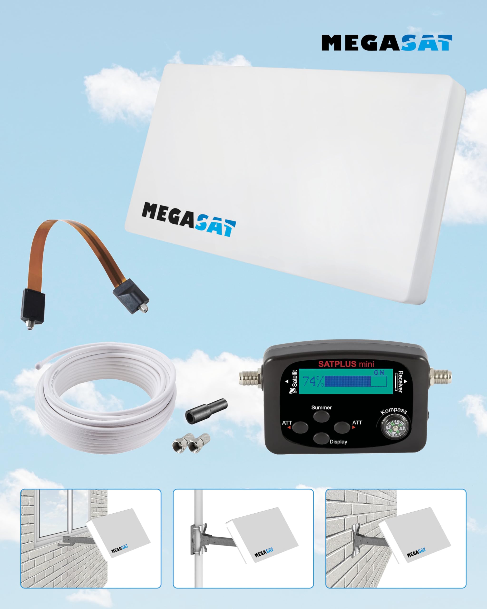 Megasat Antena Plana Set – D1 Profi-Line (1 Usuario, Incl. 10 m de Cable, buscador de satélite, pasacables para Ventana, LNB Intercambiable, múltiples Opciones de Montaje) – Blanco