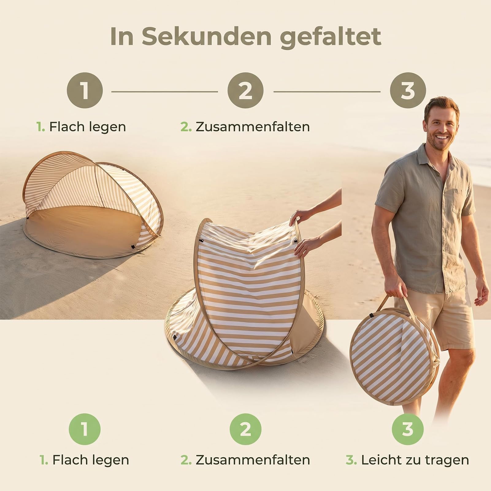 Strandmuschel UV-Schutz 50+, Winddicht & tragbar, Sonnenschutz für Baby, Platz für 2-3 Personen
