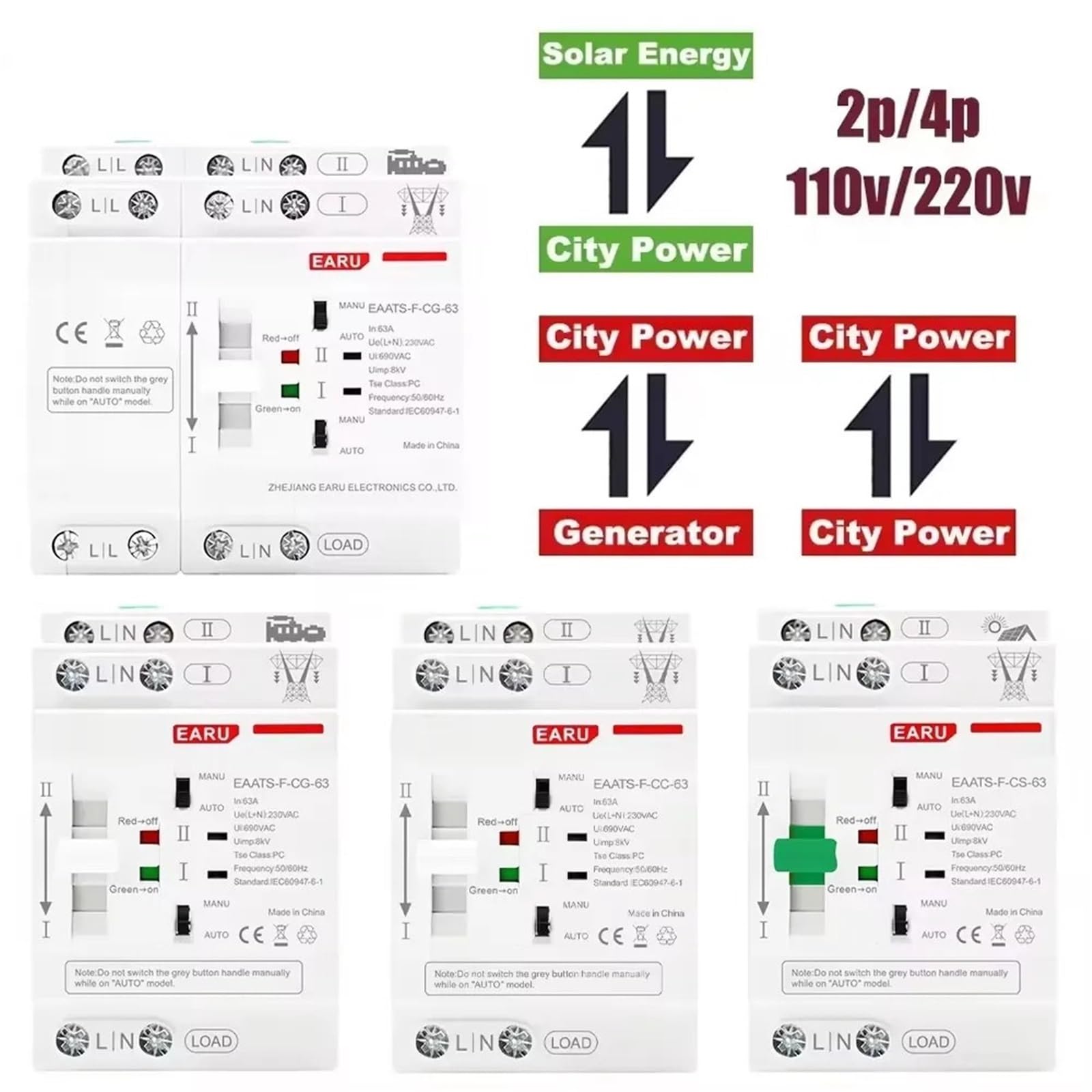 Rail 2P 4P 63A AC 220V AC 110V ATS PV Interruttore di trasferimento automatico a doppia alimentazione Interruttori di selezione elettrica Alimentazione ininterrotta