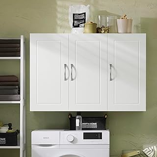 3-Doors Bathroom and Laundry Room Wall Cabinet with Adjustable Shelves, ...