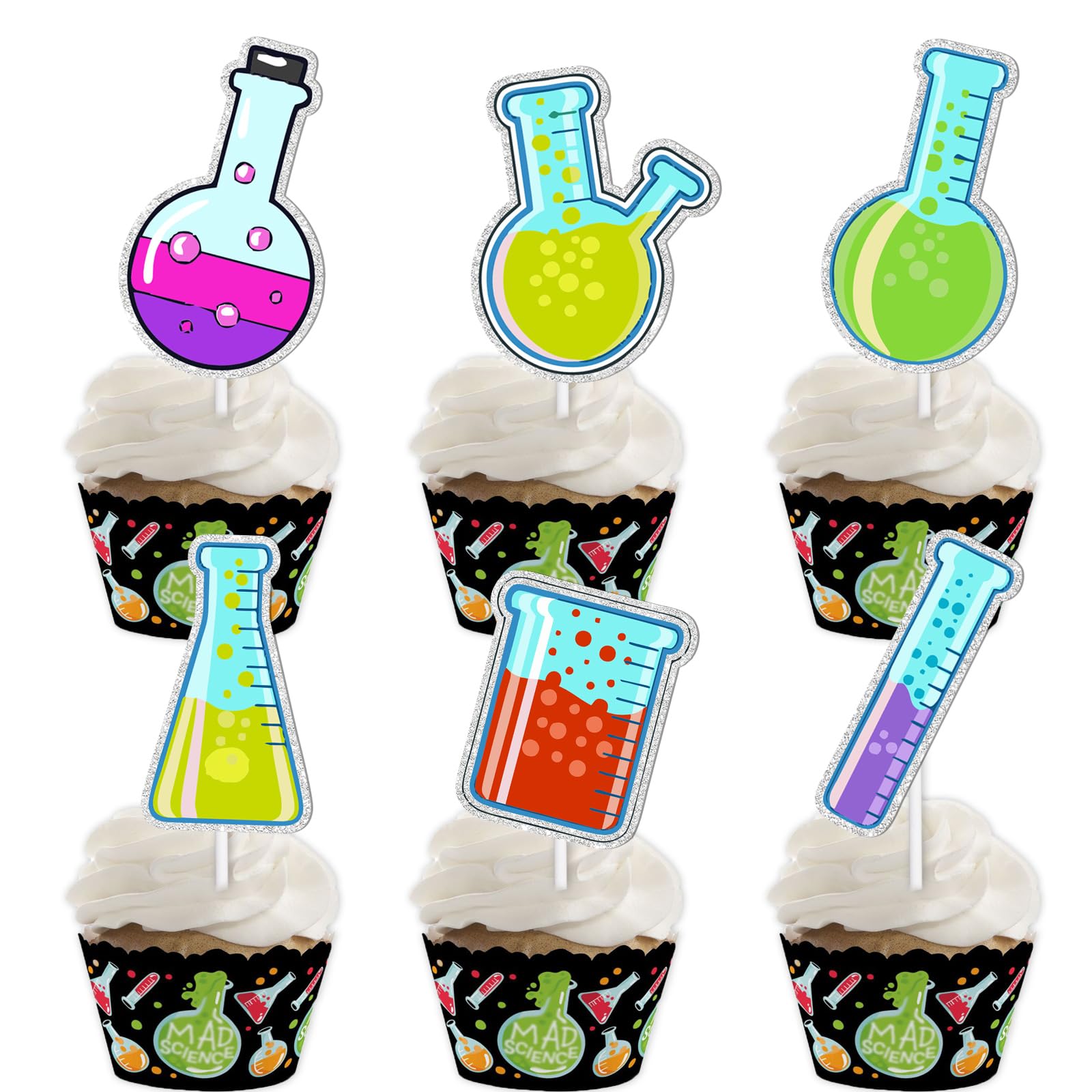 18pcs Colorful Glitter Dessert Cupcake Topper Chemistry Experiments Theme Decor Supplies Boys Girls Baby Shower Happy Birthday Party Decorations