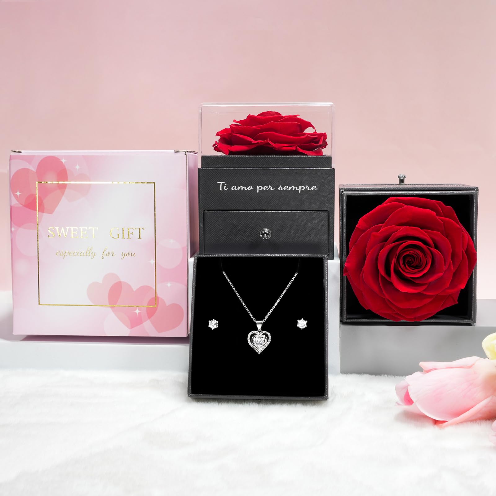 Sunia Festa della Mamma Idee Regalo, Vera Rosa Eterna con Collana Argento 925 Donna con e Orecchini, Rosa Stabilizzata Vera, Regalo Mamma Donna Compleanno, Regalo Festa della Mamma