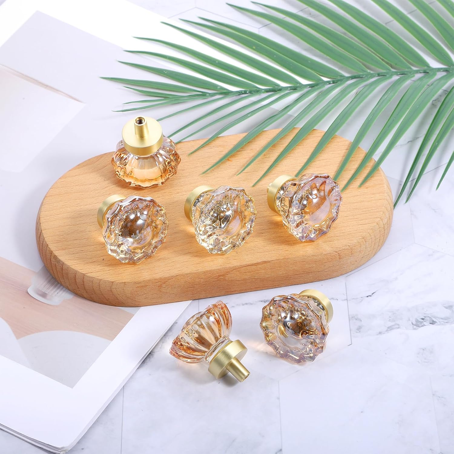 6 Pack Crystal Cabinet Knobs Drawer Knobs, 1.4" Diameter Glass Handles, Flower Vintage Glass Clear Crystal Small Pull, for Kitchens, Closet, Dresser Drawers, Cupboard, Wardrobe, Champagne