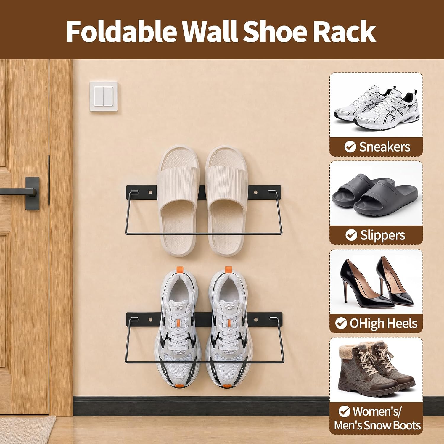 Foldable Shoe Rack 6 Pack, 13 Inch Wall Mounted Shoe Storage, Hanging Metal Shoe Holder Organizer for Entryway Closet RV, Holds Slippers Sneakers Flats, Black