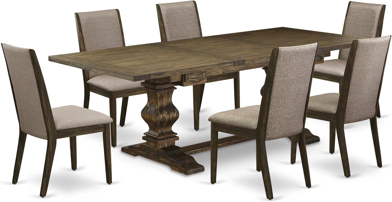 East West Furniture LALA7-77-16 7 Piece Dining Set Consist of a Rectangle Dining Room Table with Removable Leaf and 6 Dark Khaki Linen Fabric Upholstered Chairs, 42x92 Inch, Jacobean