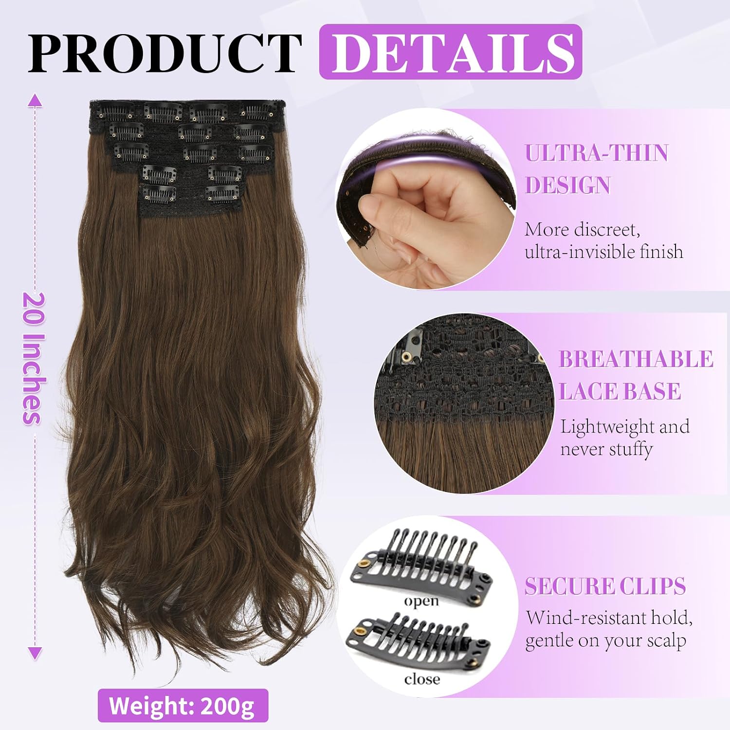 Sofeiyan Clip in Hair Extensions, Medium Auburn Hair Extensions 20 Inch Long Loose Wavy Clip in for Women 5PCs Invisible Lace Weft Thick Soft Natural Synthetic Clip in Extensions Hairpieces