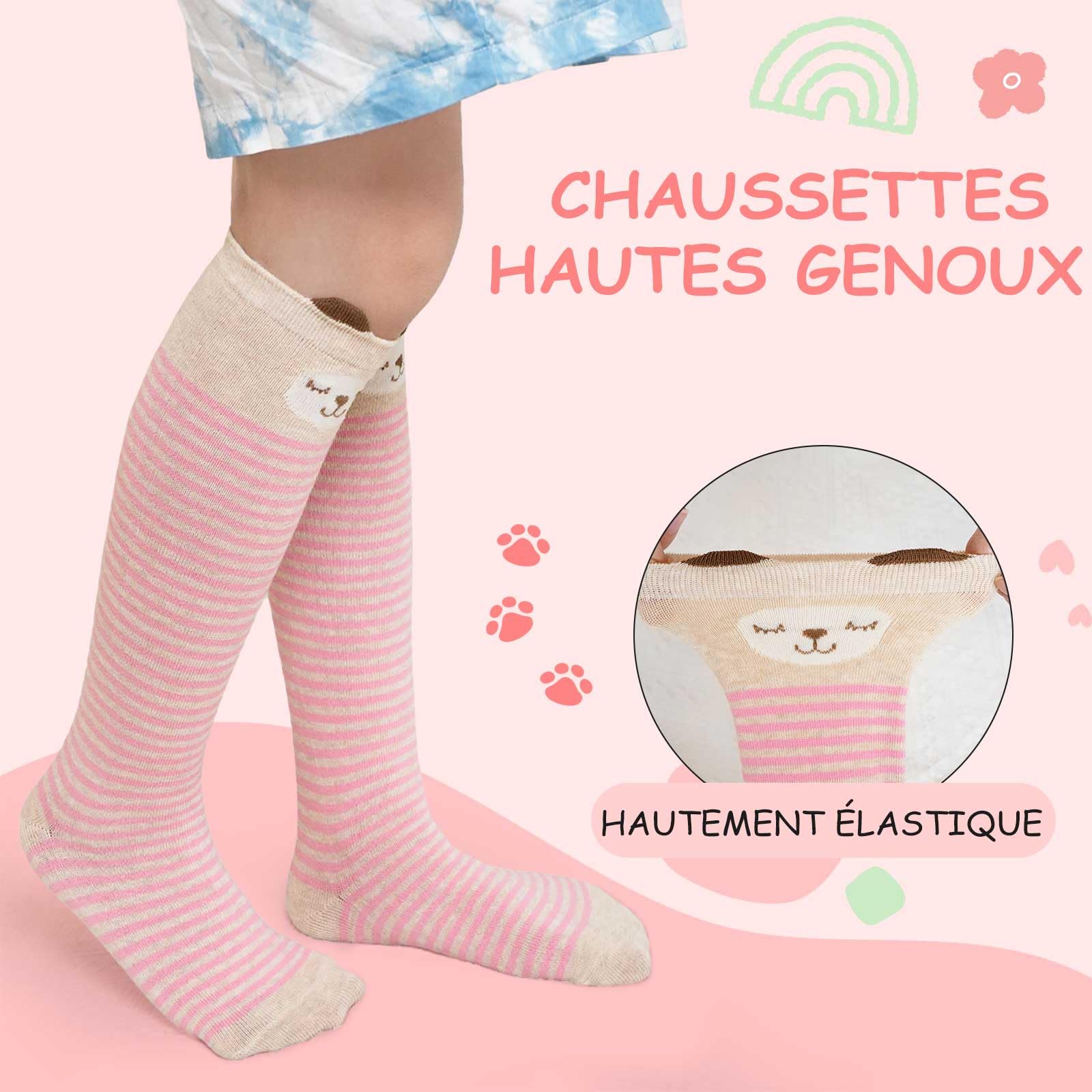 LOFIR Chaussettes Hautes Fille Enfant: Chaussettes Longues en Coton Sans Couture pour Filles - Chaussettes Montantes au Genou avec Kawaii Fantaisie Animaux Chat pour Cadeau 5 Paires Taille 23-38