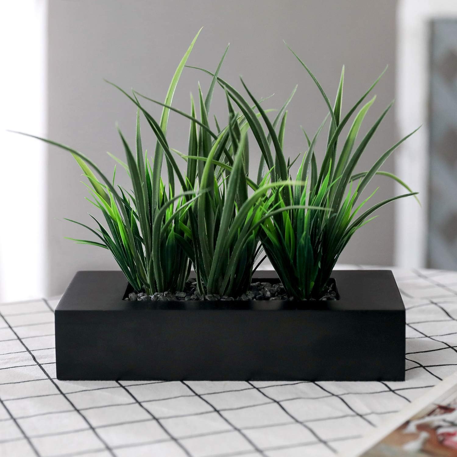 MyGift Artificial Green Grass Plants Potted in 9-inch Matte Black Wood Decorative Planter, Tabletop Faux Greenery in Wooden Rectangular Pot Centerpiece Décor