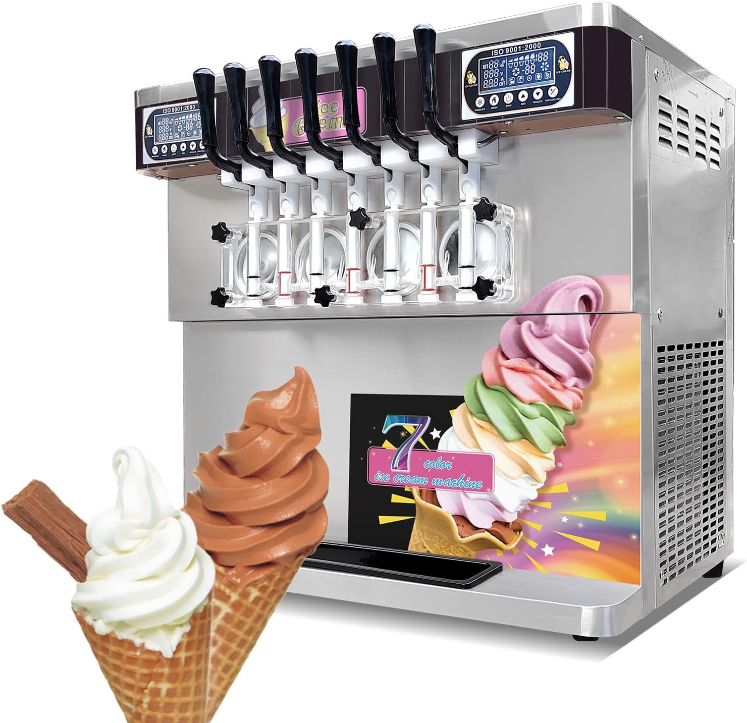 Commercial ETL Tabletop 7 (4+3) Flavors Soft Serve Ice Cream Machine,Capacity:17 Gallons/Hour,4X7L Hopper,4X1.5L Cylinder,Auto washing & Counting,Upper Tank Regrierated