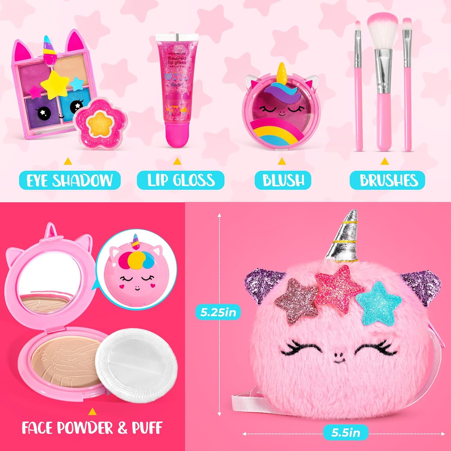 ULOVEME Talc-Free Kids Real Makeup Kit for Little Girls - Mica-Based Safe Formula, Real, Non Toxic, Washable - Ideal for 4 5 6 7 8 Years Old Girls Birthday, Dress Up Party