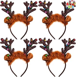 JOYIN 4Pcs Light-Up Reindeer Headband, Christmas LED Antlers Reindeer Hat Headbands Holiday Headbands for Christmas Supplies and Holiday Parties Favors (ONE SIZE FITS ALL)
