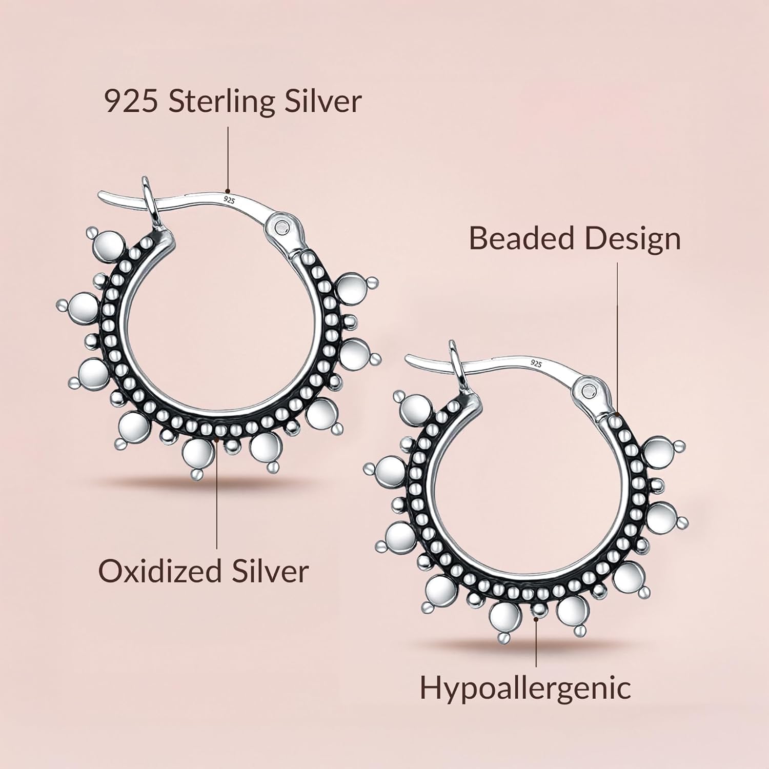 LeCalla 925 Sterling Silver Vintage Tribal Hoop Earrings for Women | Antique Oxidized Dotted Beaded Design Hoop Earring with Click-Tops | Silver Boho Statement Hoops Earrings Jewelry Gift for Her 19MM
