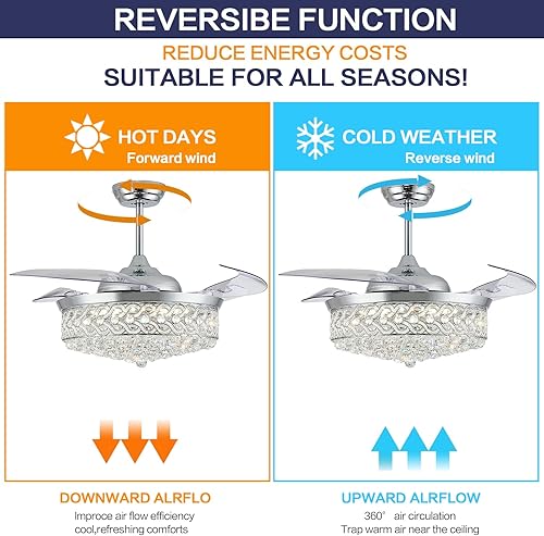 Miniatura 5 de DuMaiWay Ventilador de techo regulable de 52 pulgadas, lámpara de araña, moderna lámpara LED retráctil de cristal invisible con control remoto para