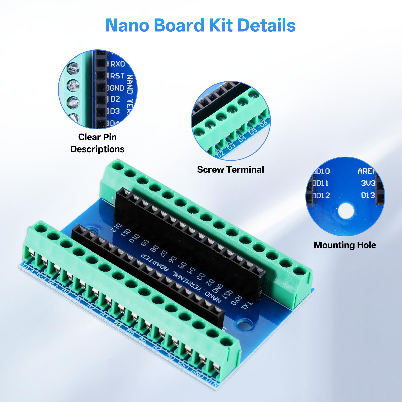 Nano-V3 Modulo con 328P Schede Madri + NANO IO Shield V1.0 Scheda di espansione semplice + Cavo di ricarica Type-C compatibile con Arduino Nano y Sviluppo elettronico fai da te (3 pezzi)