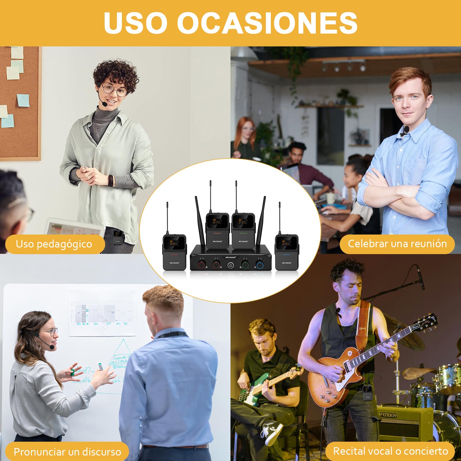 MELONARE Sistema de micrófono inalámbrico UHF Compacto MWM-41-4B | 4 micrófonos de diadema/solapa, 4 x 10 frecuencias, alcance de 60 m, manos libres para voz, iglesia, conferencia