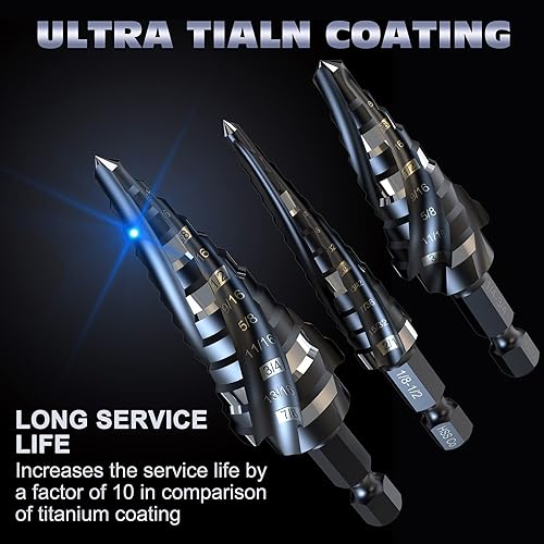 Miniatura 5 de Brocas escalonadas HSS de cobalto M35, cuatro brocas en espiral de cobalto, 1/8"-7/8" (3 piezas) vástago hexagonal Unibit para aluminio, acero