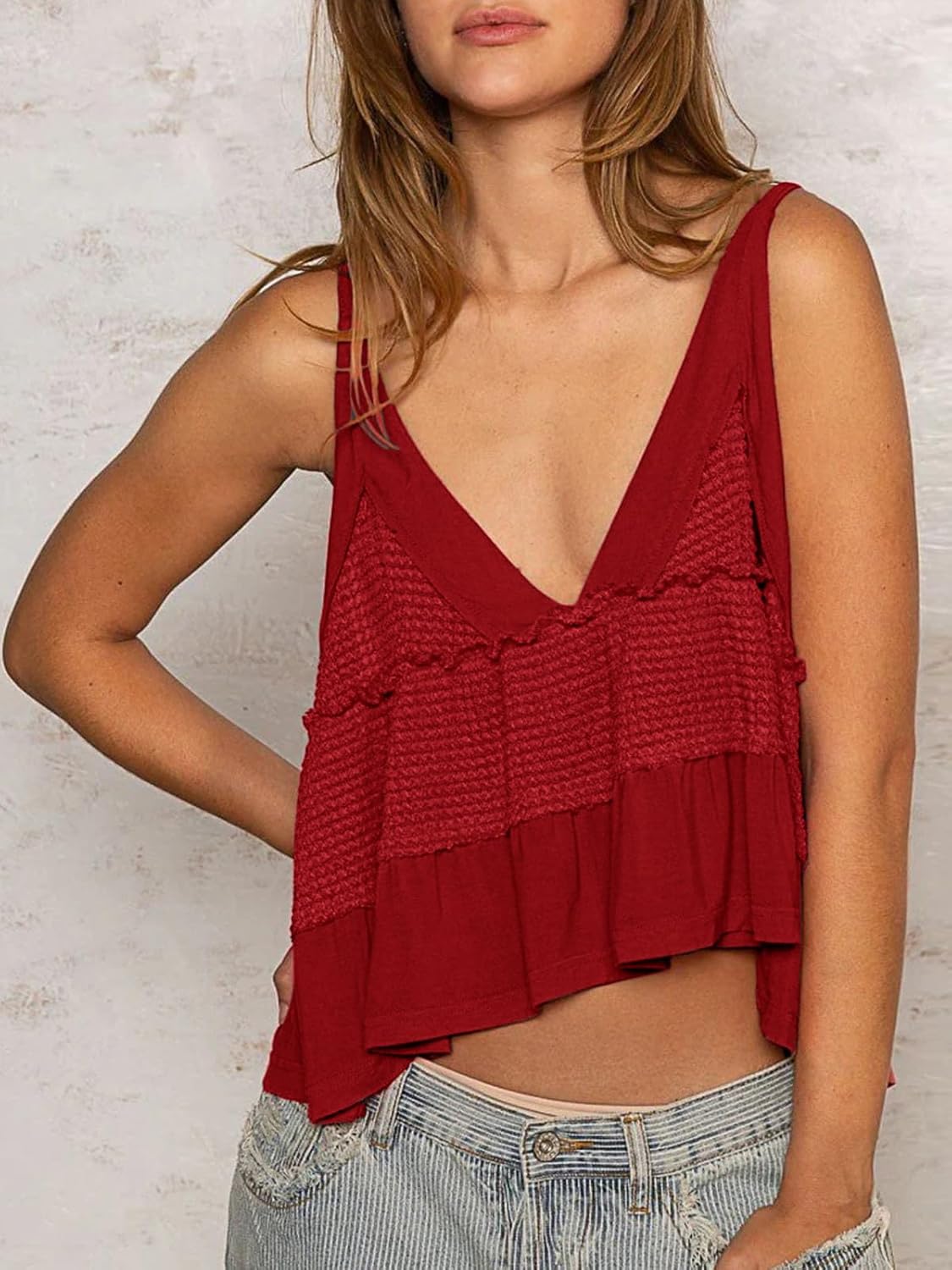 VNIRA Womens Sleeveless Peplum Spaghetti Strap Babydoll V Neck Ruffle Loose Fit Waffle Knit Crop Boho Tank Tops - Image 3