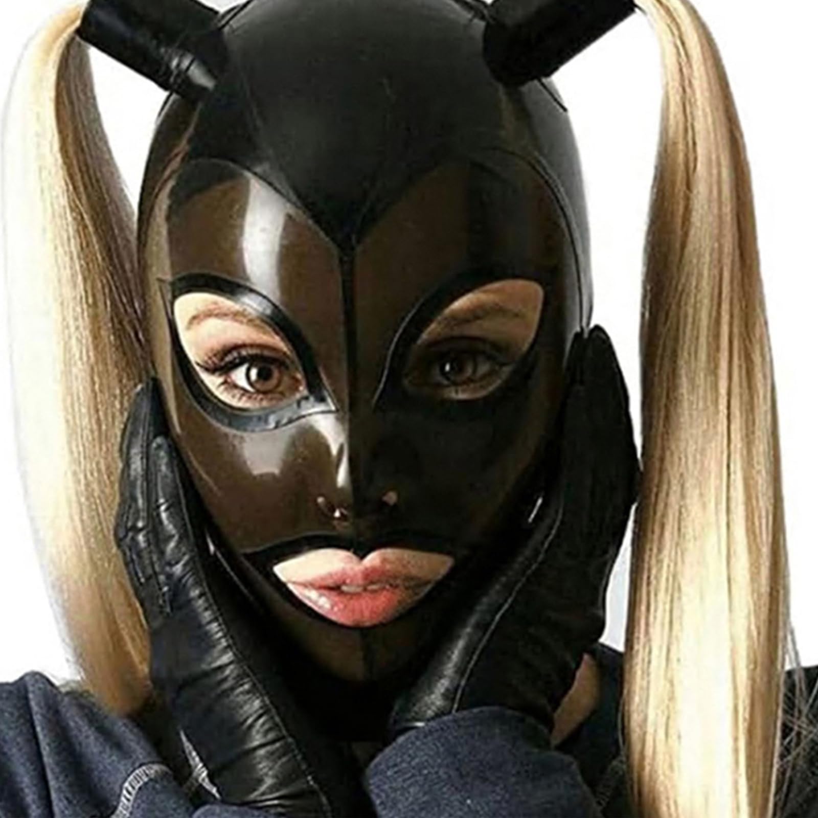 PRLBESL Latex Hood with Double Ponytail Full Face Breathing Zipped Latex Mask Novelty BDSM Rubber Masquerade Club(Size:XL-70CM)