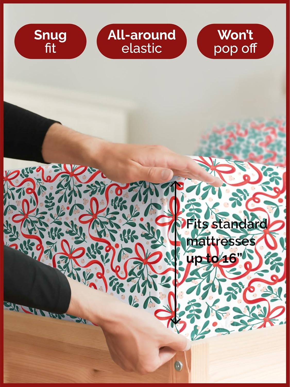 Queen Christmas Ribbon Sheet Set - Holiday Xmas Pattern Bedding Set - Deep Pockets - Snug Fit - 4 Piece - Wrinkle Free & Easy Care - Comfy Festive Winter - Holiday Sheets for Women, Men, Kids & Teens