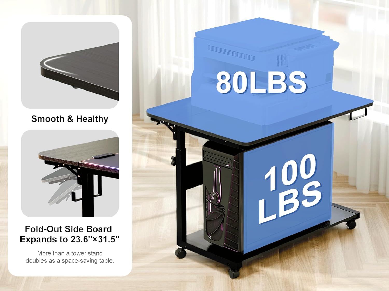 ZIFTY Height Adjustable Large Computer Tower Stand, PC Stand CPU Holder Cart with Charging Station, Folding End Table for ATX Case Printer, Rolling Wheels Mouse Pad for Gaming, Home, Office