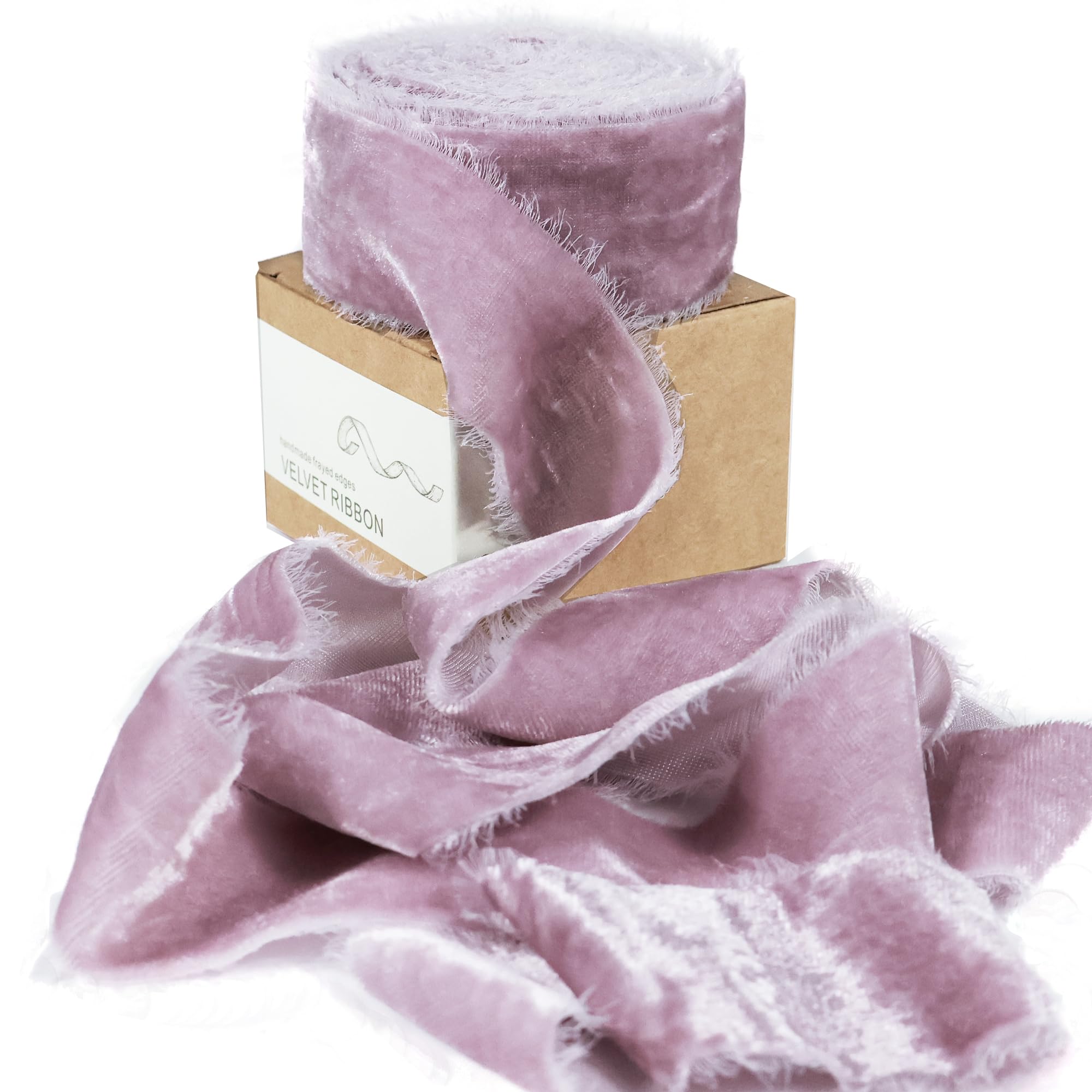 Purple Velvet Ribbon for Gift Wrapping - 1 1/2 Inch 3 Yards Handmade Silk Fabric with Frayed Edge for Flower Bouquet Christmas Tree Ornaments Hair Bow