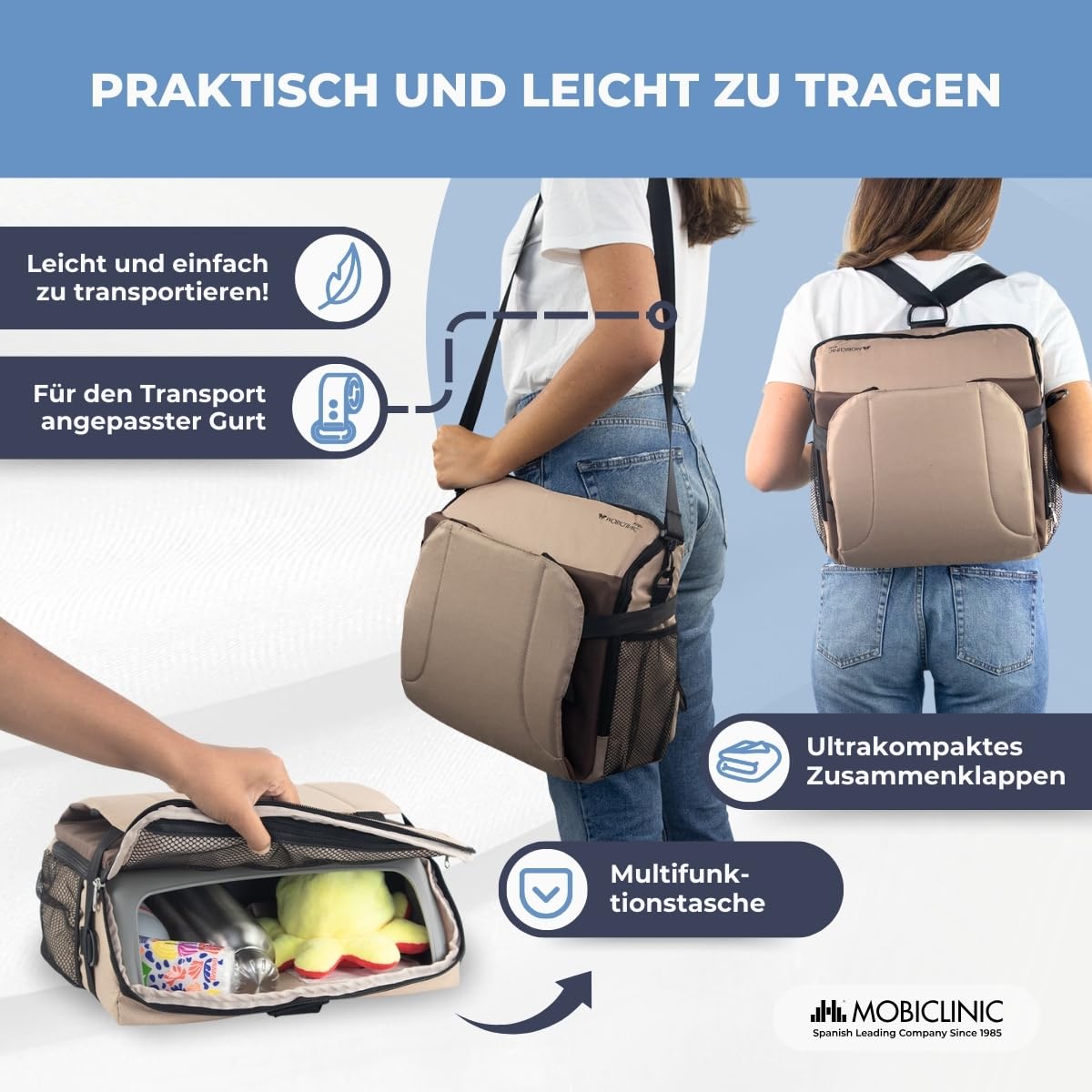 Mobiclinic® kids, Tragbarer hochstuhl, Monkey, Reisehochstuhl, 6 bis 36 monate, 15kg, Faltbar, Verstellbarer 5-punkt-gurt, Mit aufbewahrung, Baby, Babysitz, Farbe beige