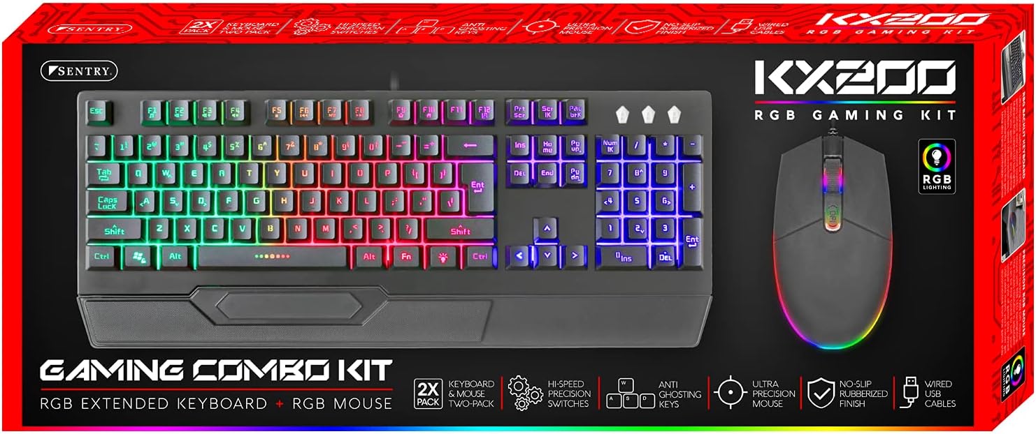 Product packaging for Sentry HPXKX200 Gaming Keyboard and Mouse combo kit.