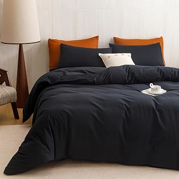 KAREVER Black Comforter King Washed Cotton 3 PCs 100% Cotton Bedding Set Black King Size Comforter Set