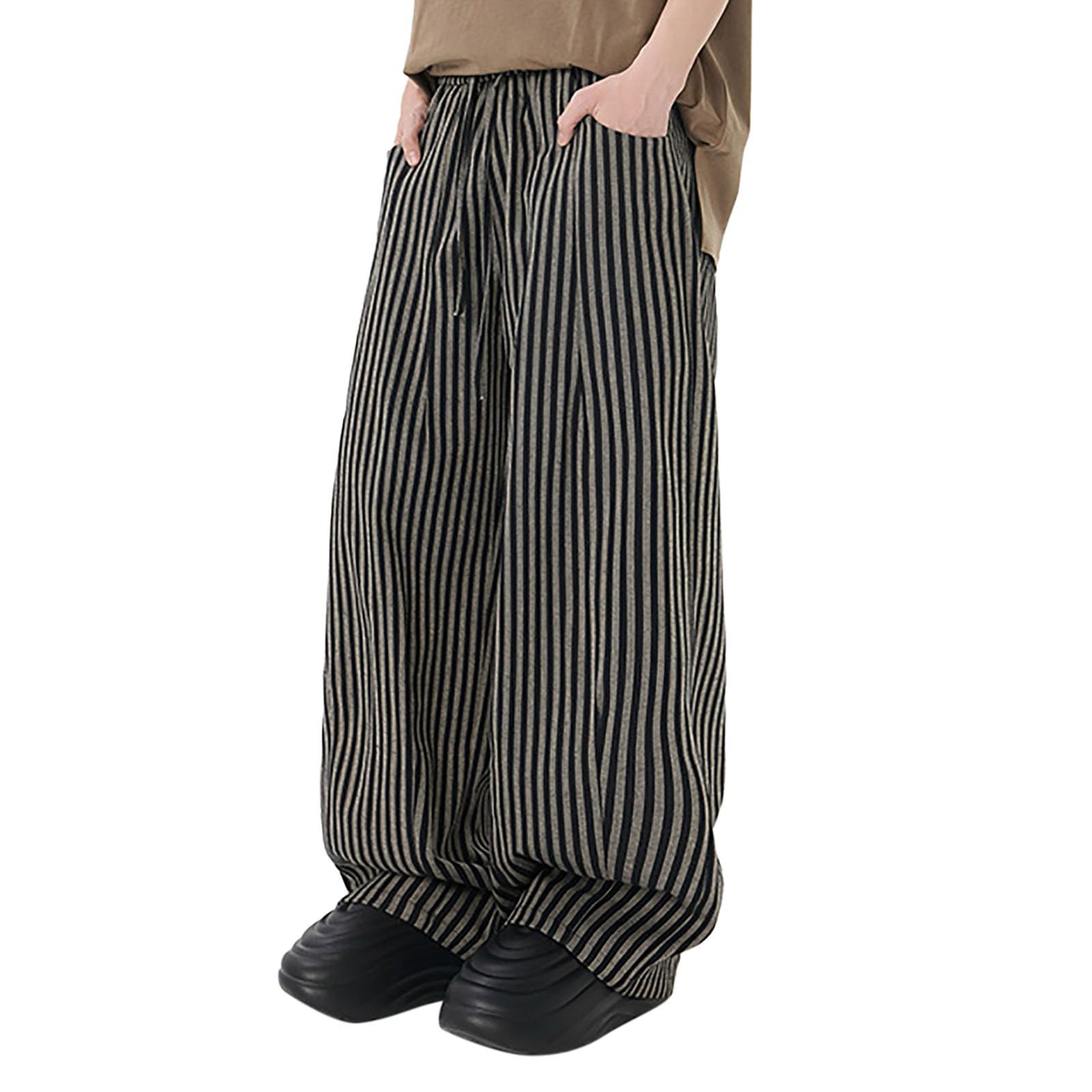 Generisch Pantaloni estivi da uomo con motivo a righe e stile casual, pantaloni larghi con gamba dritta e gamba larga