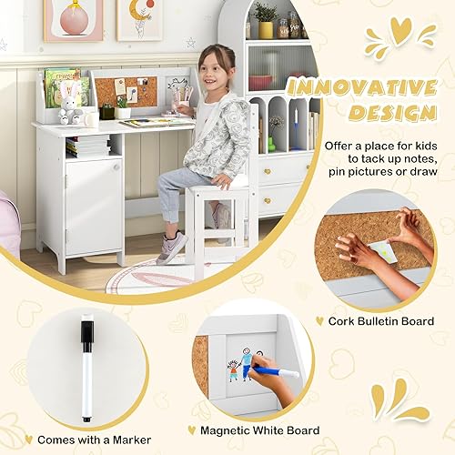 Miniatura 4 de Costzon Juego de escritorio y silla para niños, mesa de estudio de madera para niños con almacenamiento, gabinete, tablero de anuncios de corcho,