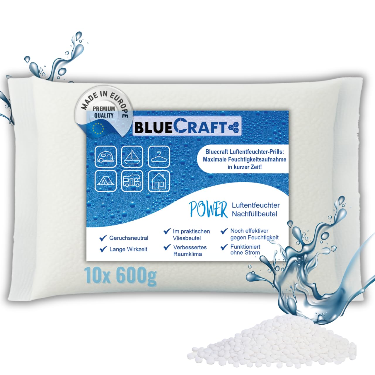 Bluecraft - 10x 600g Luft-Entfeuchter Nachfüllpack Calciumchlorid Prills im Vliesbeutel | Für Granulat Box ohne Strom | Effektiv & Schnell | Feuchtigkeitskiller, Geruchslos