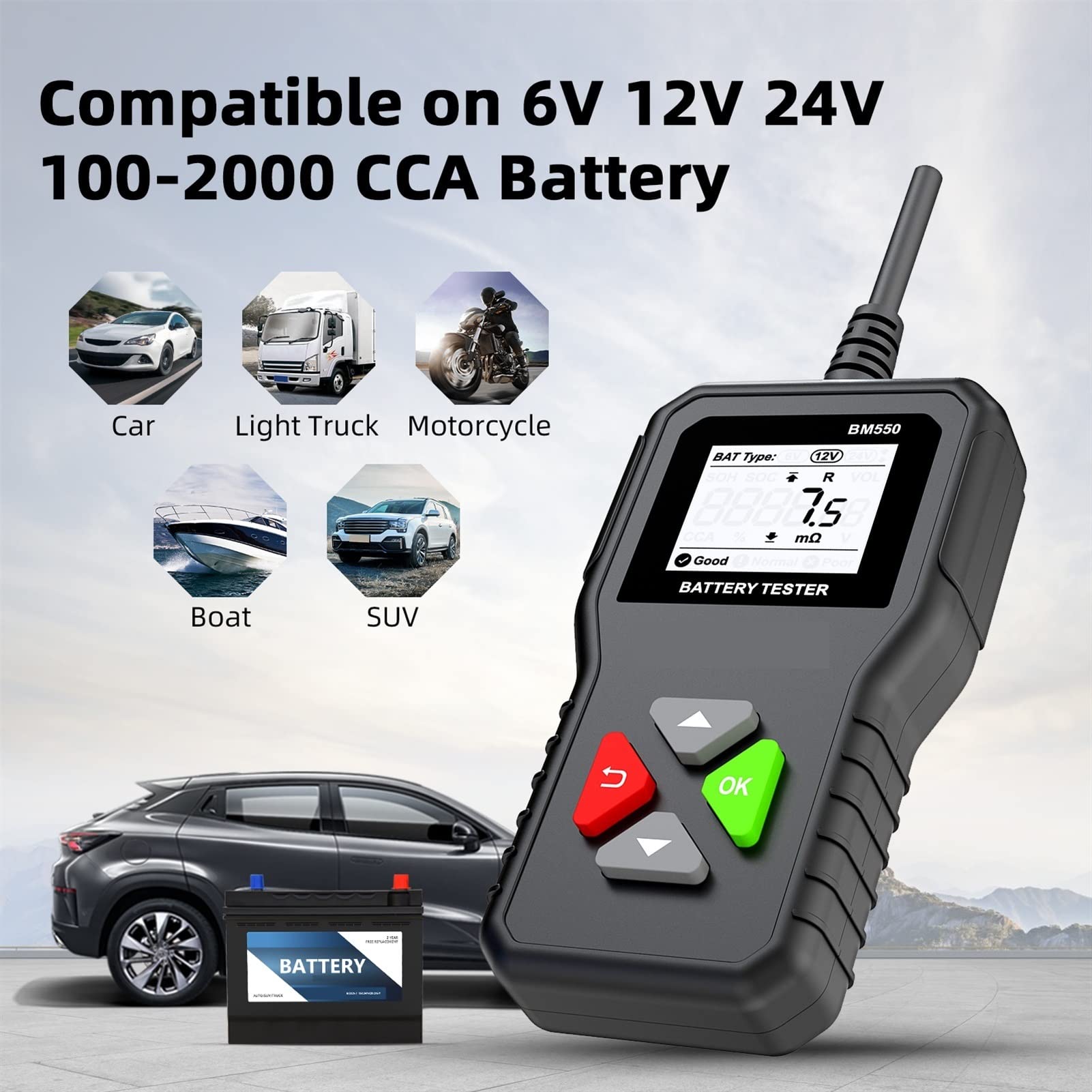 Comprobador Del Probador De BateríA De Coche, BM550 Probador de batería de coche 6V 12V 24V 100-2000 CCA 2 Sistema de batería AH-220AH detectó la herramienta de batería de automóvil analizador de bate