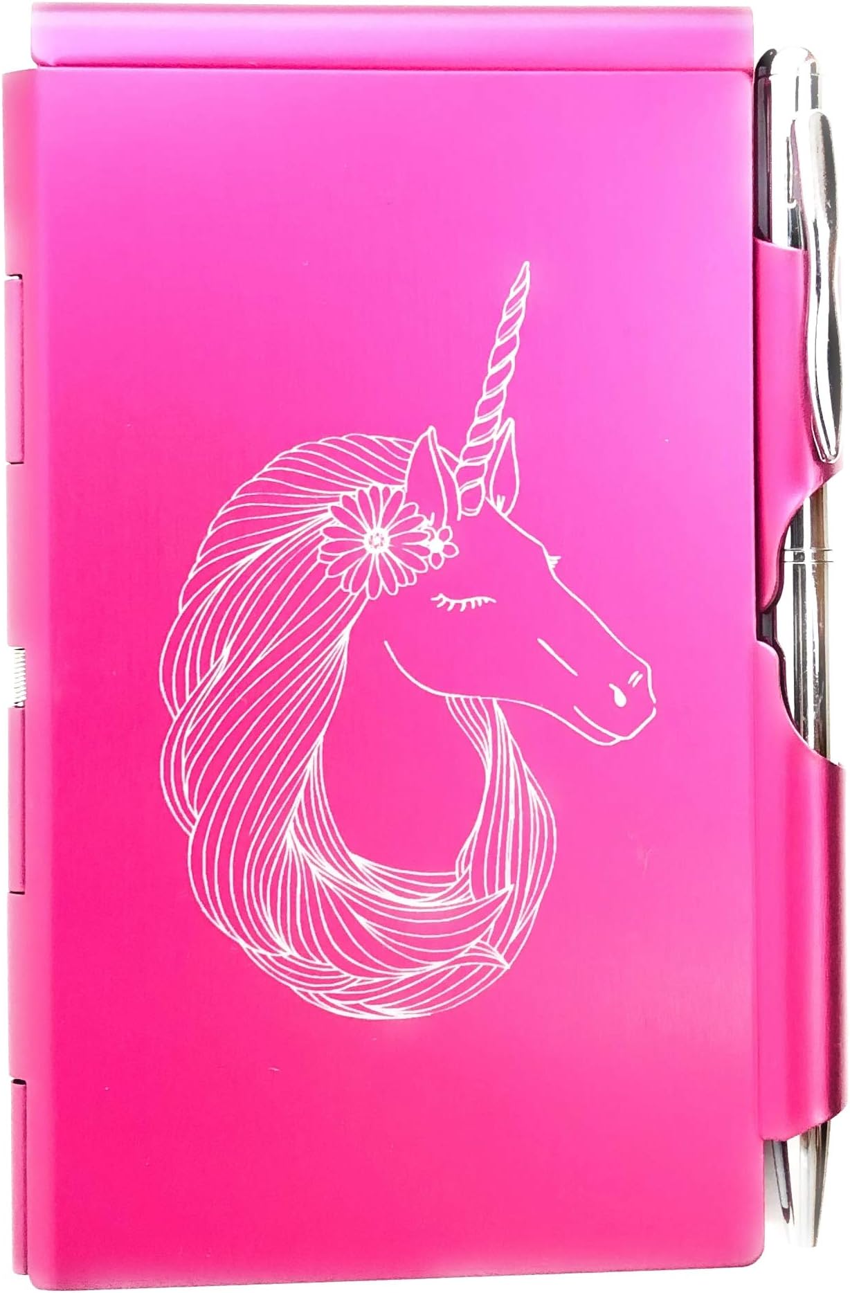 WellspringFlip Note, Metal Pocket-sized Notebook with Pen,Pink Unicorn (15107)