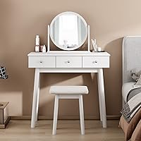 Vista 2 de SogesHome Juego de mesa de tocador con espejo móvil y taburete acolchado, escritorio de maquillaje con 3 cajones, tocador blanco clásico