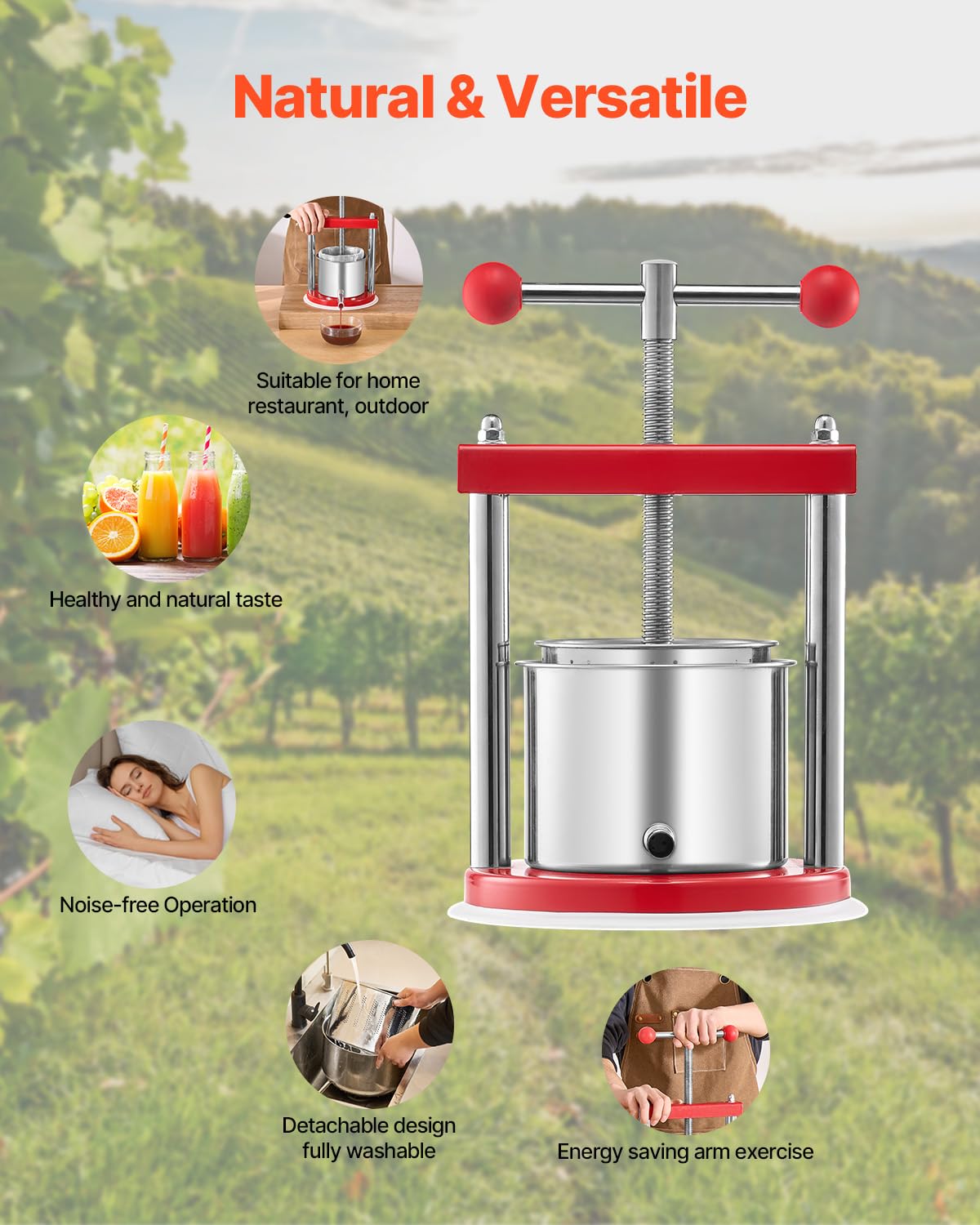VEVOR Pressa Manuale per Vino di Frutta Cesto in Acciaio Inox 1,65L con Manico, Spremiagrumi Manuale per Bevande Alcoliche Pressa per Sidro, Mela, UVA, Tintura, Miele, Olio d'Oliva Cucina, Casa