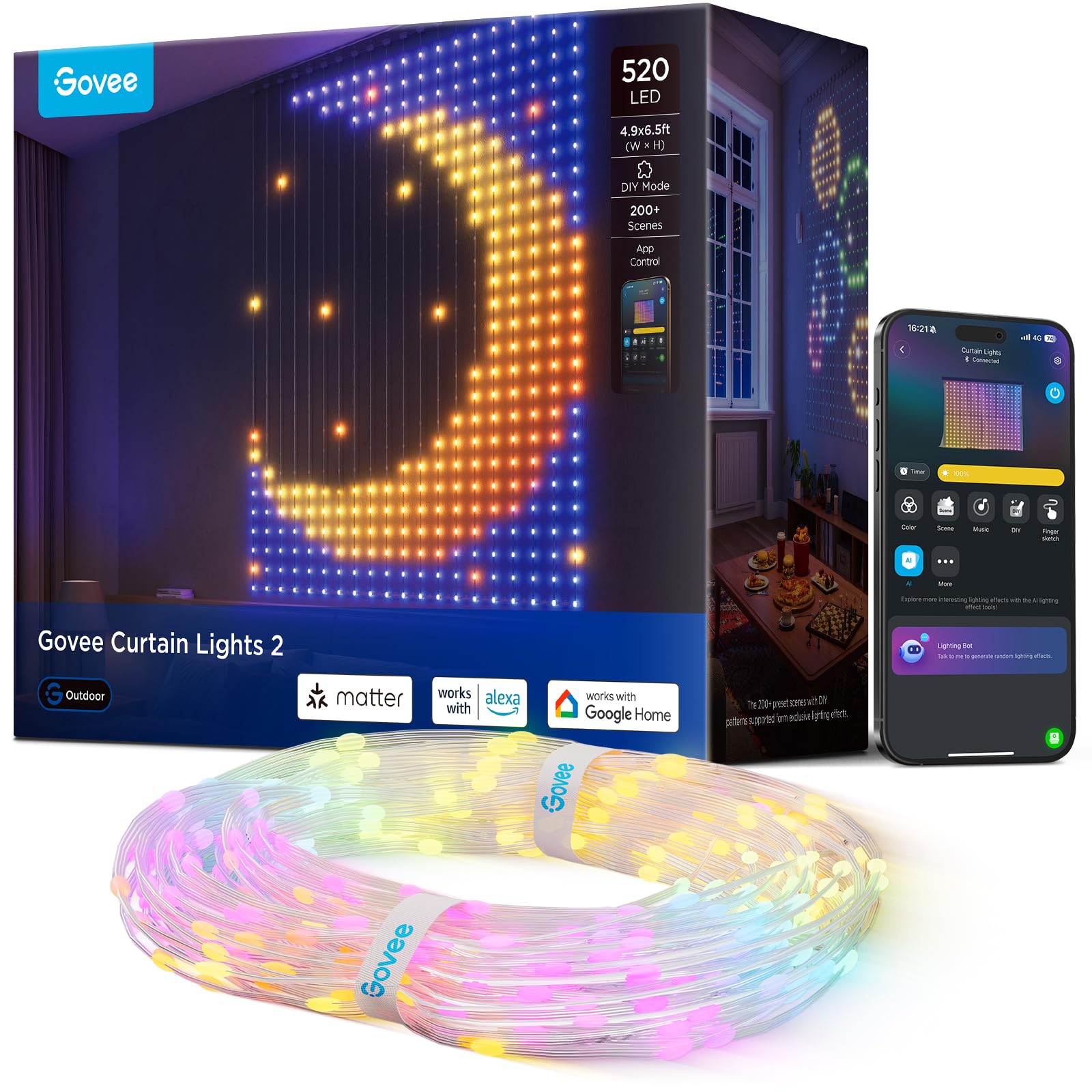 Govee Curtain Lights 2, Smart LED Curtain with DIY GIF, 520 LEDs