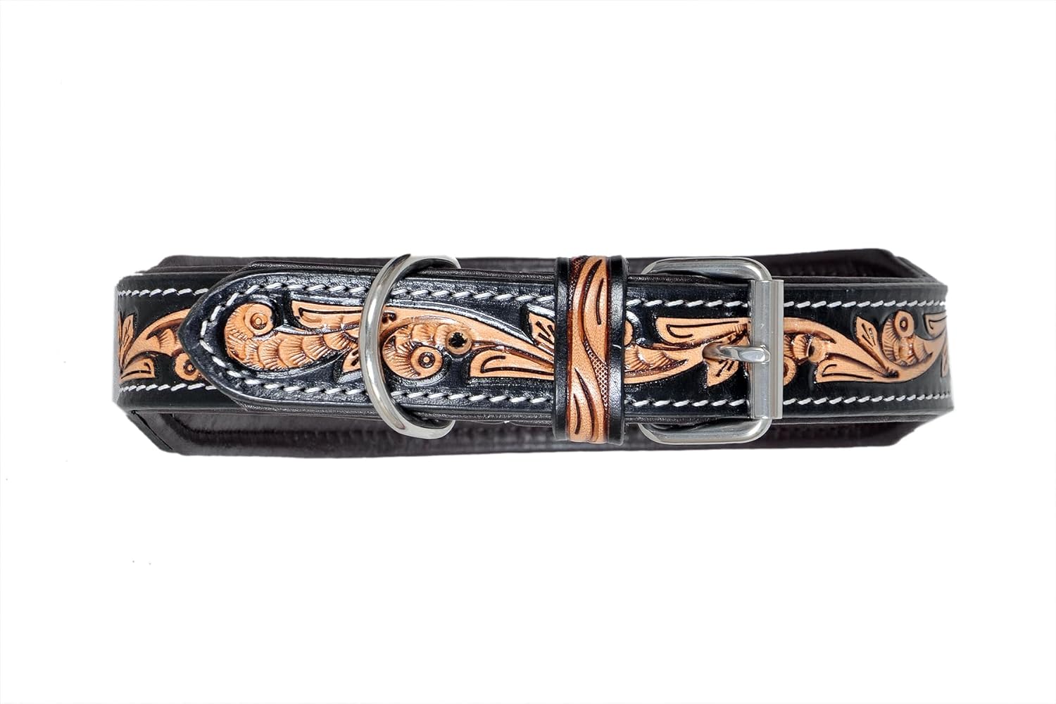 Leather Dog Collar Medium Size Western Style Heavy Duty Hand Tooled Adjustable Beaded and Padded Soft for Puppies and Big Dogs 10IS003-M