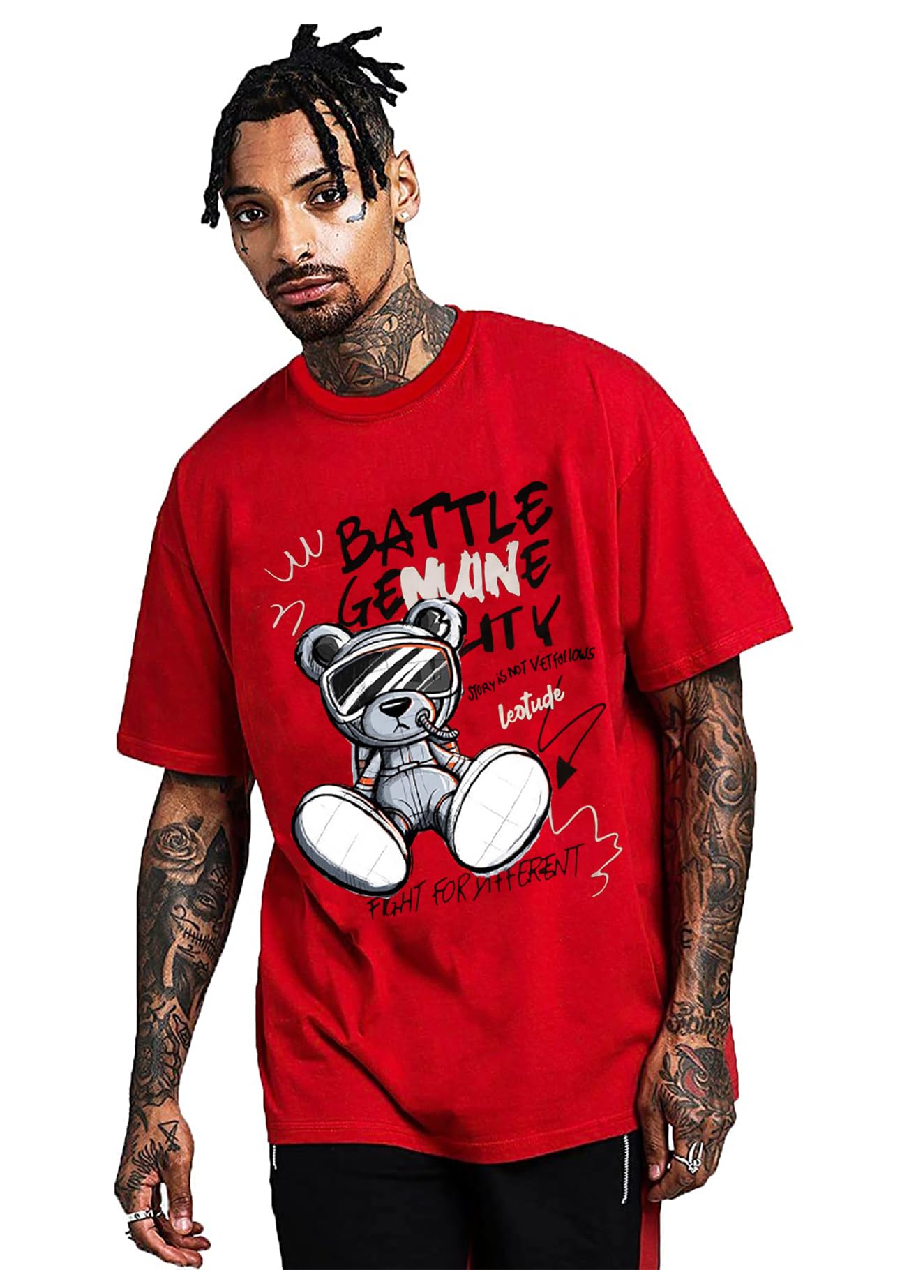 LEOTUDE Men's Oversized Half Sleeve Cottonblend Round Neck Tshirt (Color Red)