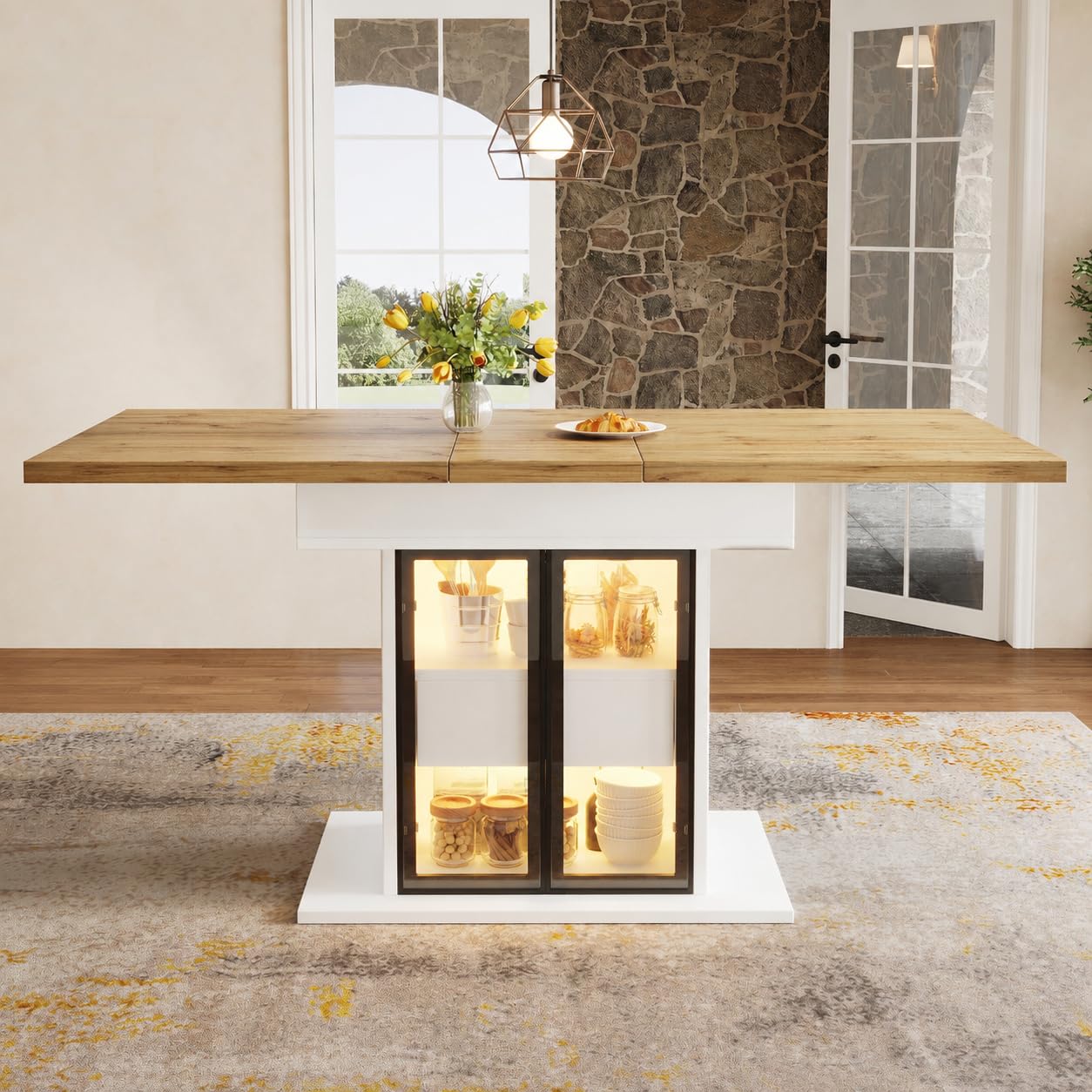 Jaxenor Extendable Dining Table 4-6 Seater, 110-140cm, Extending Dining Table with RGB LED Lighting, 2 Drawers and Glass Sliding Doors, Modern Kitchen Table for Living Room, Dining Room, White+Wood